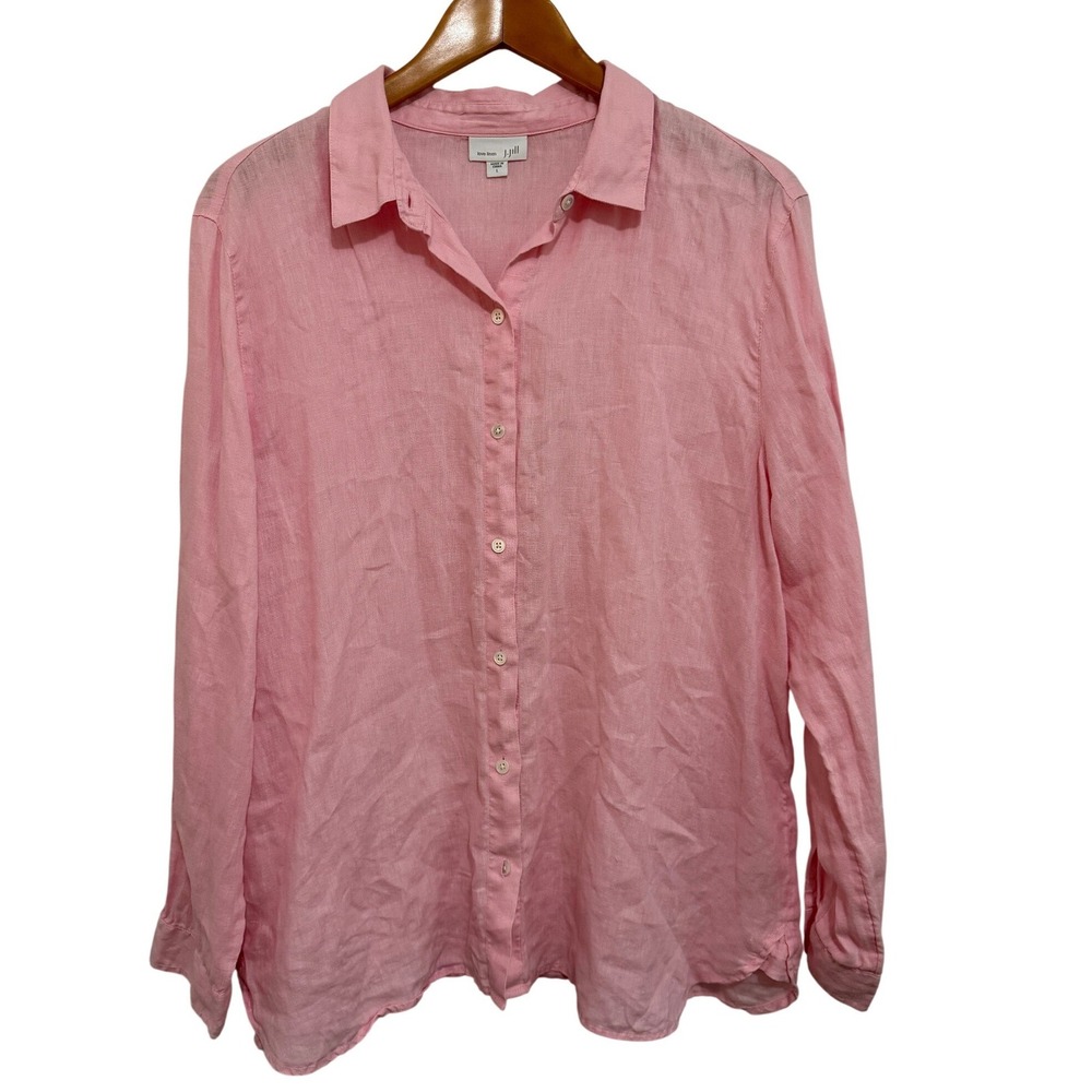 J.Jill Women Button Down Shirt L Pink 100% Linen Long Sleeve Coastal Preppy